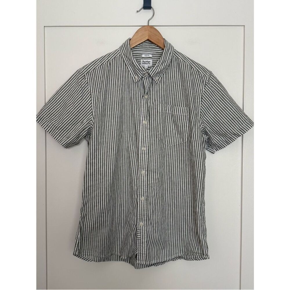 Bridge & Burn Shirt Men M Gray Slim Fit Striped Button Down Short Sleeve Linen B
